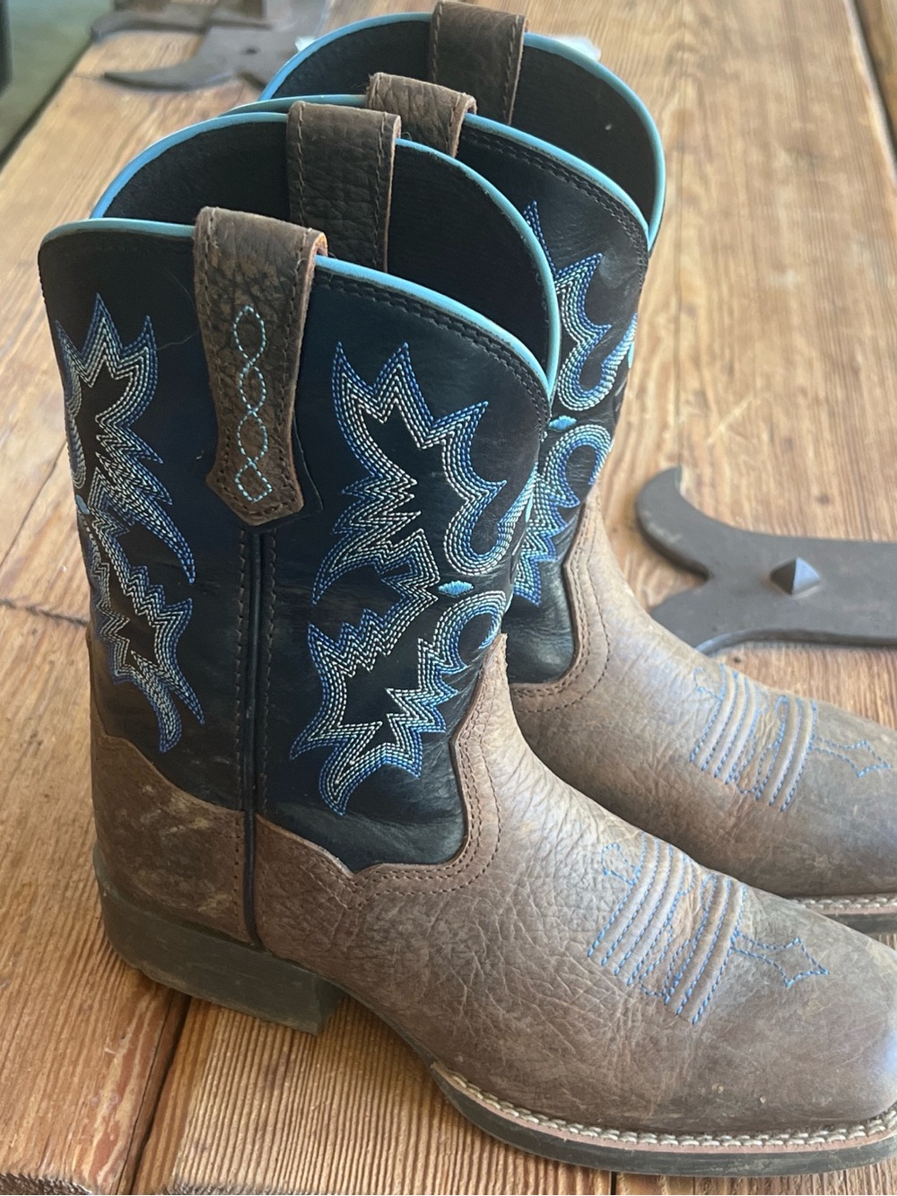 Ariat Brown Foot with Black Shaft Kids Western Boots with Blue Stitching